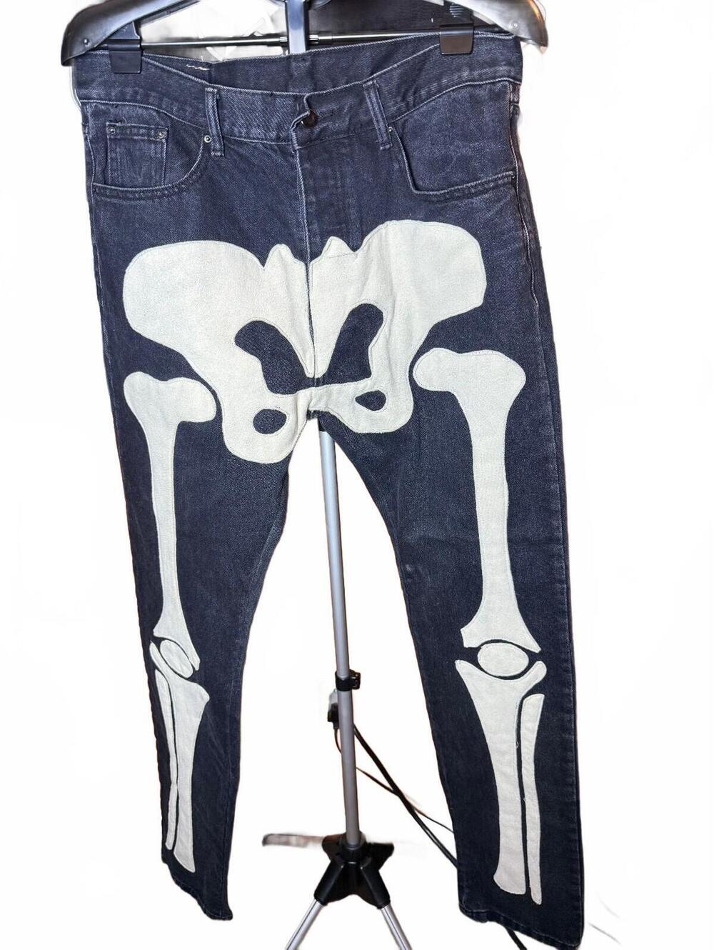 Vintage Black MNML Jeans skull Skeleton Bone Print sz 34 y2k heavy duty